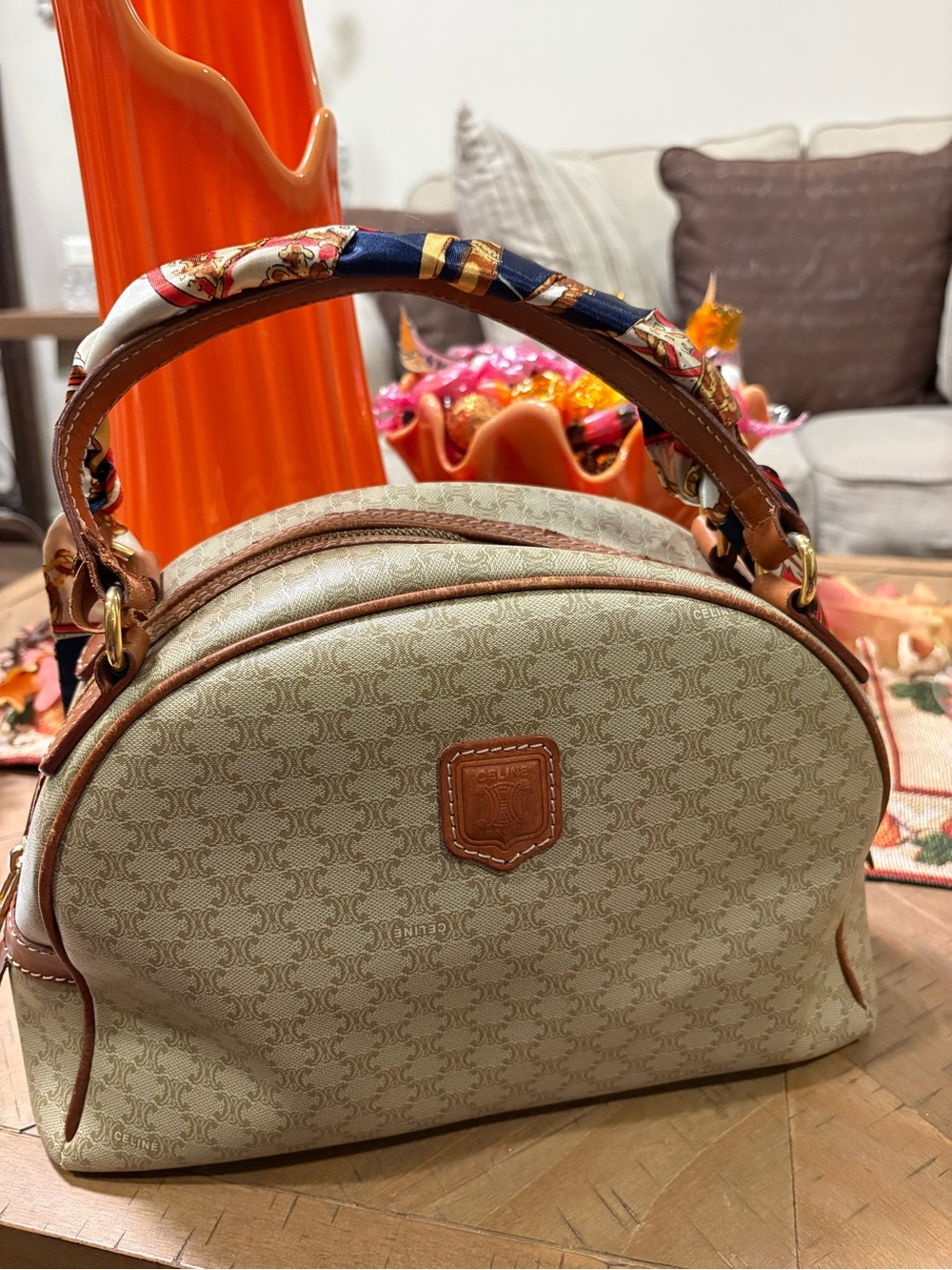 Celine Beige Monogram Dome Satchel with Tan Leather Trim